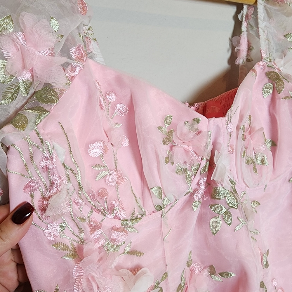 Sugar Thrillz 3D Floral Pink Green Puff Sleeve Mini Dress Size 1X Fairy Coquette - Picture 7 of 16